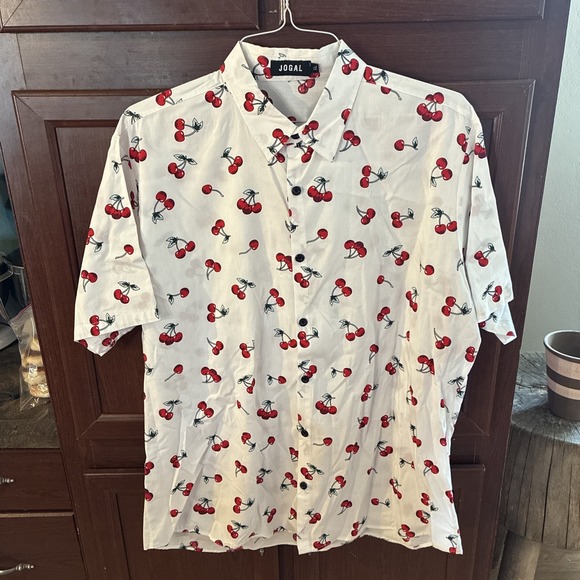 Jogal Other - Jogal Men's Short Sleeve Button Up Cherry Print Collard White Shirt Size: XL